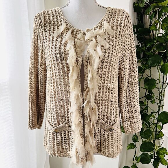 Chicos Tan Beige Chunky Waffle Knit & Soft Tattered Fringed Cardigan Sweater Med - Picture 1 of 8